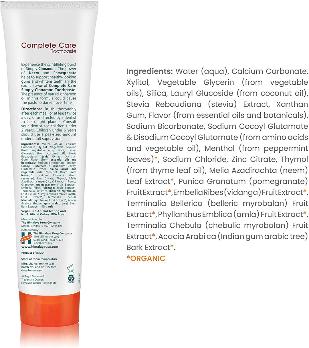 Himalaya BOTANIQUE Complete Care Toothpaste - Simply Cinnamon 150g Ingredients