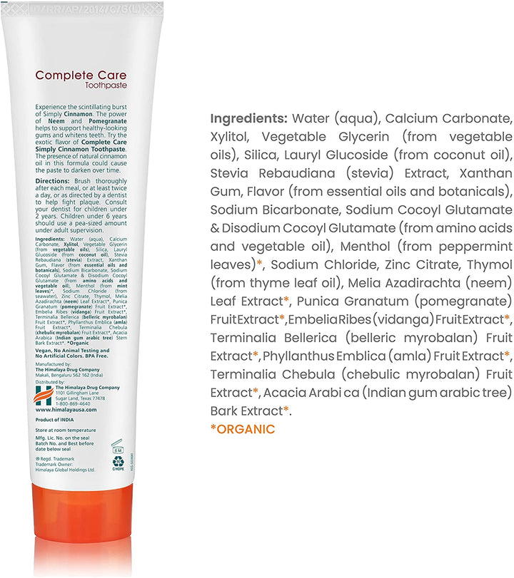 Himalaya BOTANIQUE Complete Care Toothpaste - Simply Cinnamon 150g Ingredients